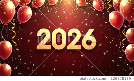 Festive 2026 New Year Celebration with Balloons and Confetti on a Red Backdrop 126838189