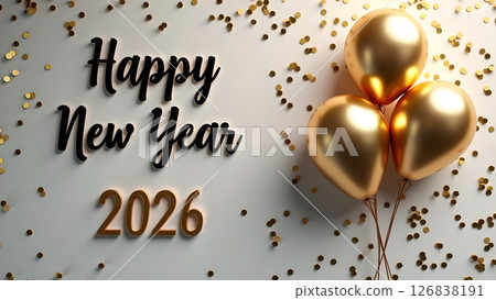 Festive Happy New Year 2026 Celebration with Golden Balloons and Confetti Display 126838191