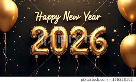 Festive celebration of the arrival of 2026 New Year with golden balloons 126838192