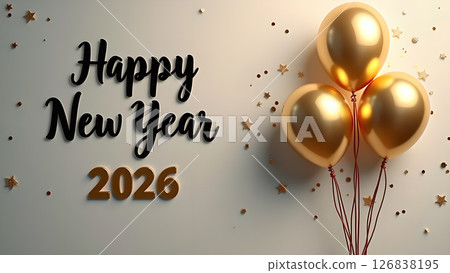 Elegant Happy New Year 2026 Celebration with Golden Balloons and Confetti Accents 126838195