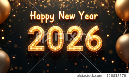 Elegant Happy New Year 2026 Celebration with Golden Balloons and Festive Lights 126838376