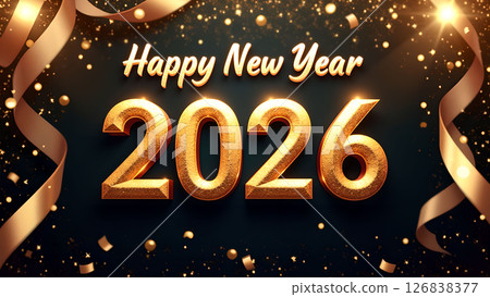 Festive gold 'Happy New Year 2026' celebration design with ribbons and sparkles Festive gold 'Happy New Year 2026' celebration design with ribbons and sparkles 126838377