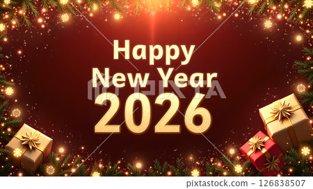 Festive Happy New Year 2026 Greeting Card with Presents and Decorations Festive Happy New Year 2026 Greeting Card with Presents and Decorations 126838507