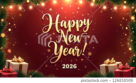 Festive Happy New Year 2026 Greeting Card Design with Presents and Decorations 126838509