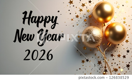 Festive 'Happy New Year 2026' Celebration with Golden Balloons and Starry Confetti 126838529
