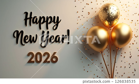 Elegant happy new year 2026 celebration with golden balloons and confetti accents 126838535
