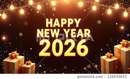 Radiant 'Happy New Year 2026' Celebration with Festive Lights and Golden Gifts Radiant 'Happy New Year 2026' Celebration with Festive Lights and Golden Gifts 126838655
