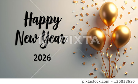Elegant Happy New Year 2026 Celebration with Golden Balloons and Confetti Display 126838656