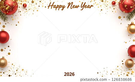 Festive 2026 New Year background with ornaments and golden confetti decorations 126838686