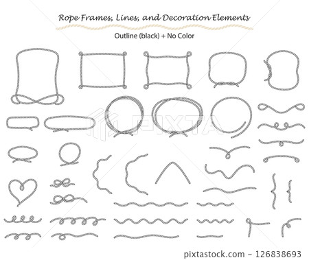 Set of rope frames, lines and decorative elements. Outline only. Set of rope frames, lines and decorative elements. Outline only. 126838693