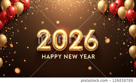 Elegant 2026 New Year Celebration: Golden Numerals with Balloons and Confetti Elegant 2026 New Year Celebration: Golden Numerals with Balloons and Confetti 126838789