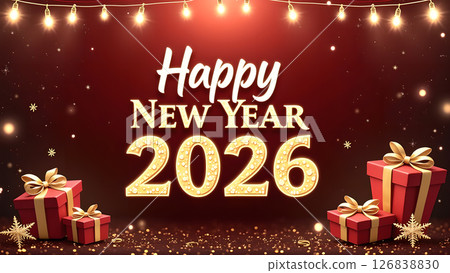 Festive Happy New Year 2026 Celebration Backdrop with Gift Boxes and Lights Festive Happy New Year 2026 Celebration Backdrop with Gift Boxes and Lights 126838830