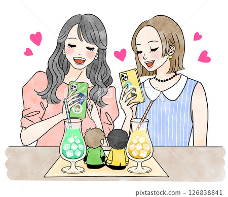 一位女士在咖啡館拍攝她最喜歡的毛絨玩具的插圖 126838841