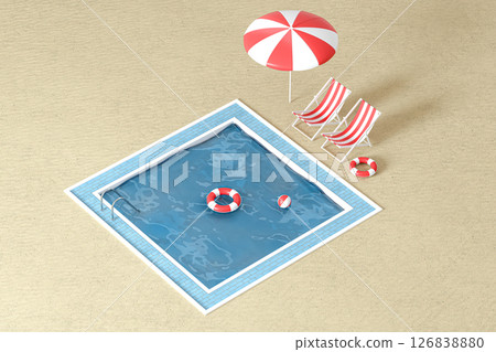 A swimming pool on the sand beach, 3d rendering. A swimming pool on the sand beach, 3d rendering. 126838880