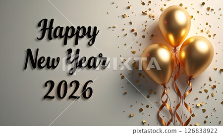 Elegant happy new year 2026 celebration with gold balloons and confetti background 126838922