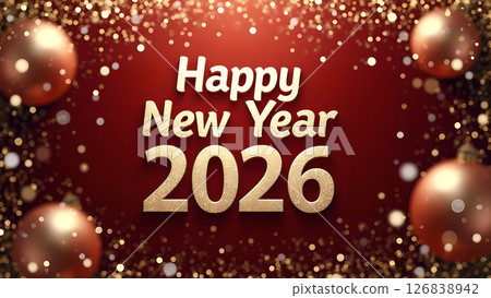 Festive Happy New Year 2026 Background with Gold Ornaments and Sparkling Bokeh 126838942