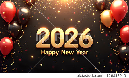 Festive 2026 New Year Celebration with Balloons and Golden Glitter Design 126838943