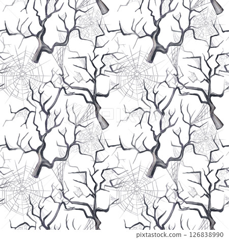 Seamless pattern with a scary forest. Curved branches in the web. Big and small web. Watercolor illustration isolated from the background. Hand drawn. Gothic vintage style. For fabric, textile.  126838990