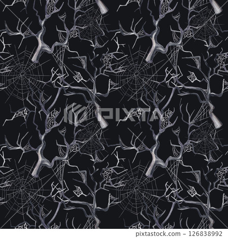 Seamless pattern with a scary forest. Curved branches in the web. Big and small spider web. Watercolor illustration on a black background. Hand drawing. Gothic vintage style. For fabric, textile . 126838992