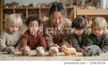 Multicultural group of joyful children engaging in imaginative playtime with animal figures in a cozy indoor setting Multicultural group of joyful children engaging in imaginative playtime with animal figures in a cozy indoor setting 126839104