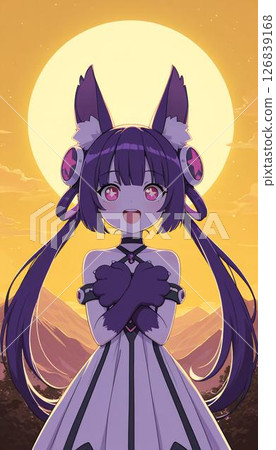 Mysterious Anime Cat Girl Against Golden Sunset Moon 126839168