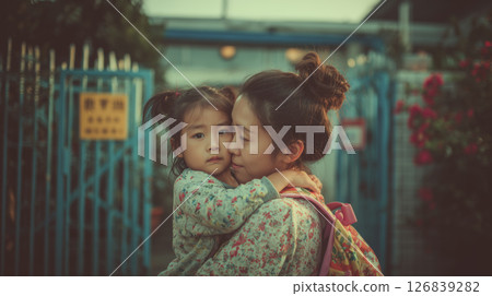 Chinese mother embraces her child in a backpack amid blossoming flowers in a tranquil urban setting during golden hour 126839282
