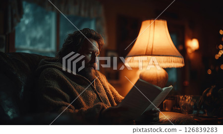 Cozy evening spent reading poetry by warm light in a rustic armchair Cozy evening spent reading poetry by warm light in a rustic armchair 126839283