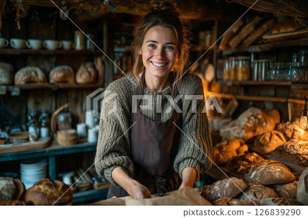Artisan bakery offers warmth and freshly baked delights in a rustic setting 126839290