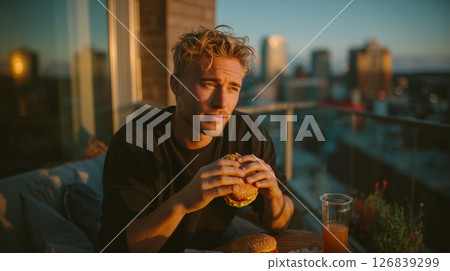 Enjoying a delightful sandwich while soaking in the sunset view from a balcony 126839299