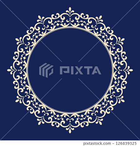 Decorative frame Elegant vector element for design in Eastern style, place for text. Floral golden and dark blue border. Lace illustration for invitations and greeting cards 126839325