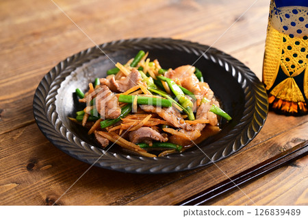 Stir-fried pork belly with miso 126839489