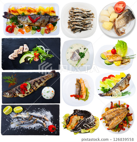 Different dishes with fish served at plates isolated on white background 126839558