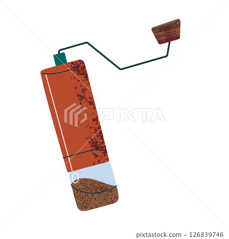 Flat cartoon vector illustration of modern manual coffee grinder, kitchen tool for grinding beans, coffee preparation accessory, cafe equipment, coffee culture icon, home brewing Flat cartoon vector illustration of modern manual coffee grinder, kitchen tool for grinding beans, coffee preparation accessory, cafe equipment, coffee culture icon, home brewing 126839746