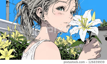 拿著百合花的年輕女子 126839939