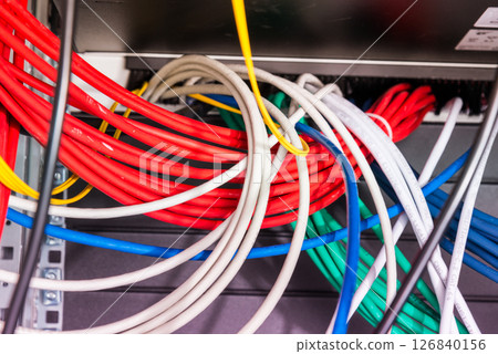 large group of UTP cables, Ethernet cables in rack cabinet, lead 126840156