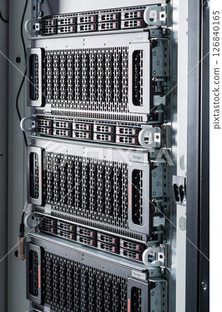 Array of data storage hard drives in internet data center 126840165