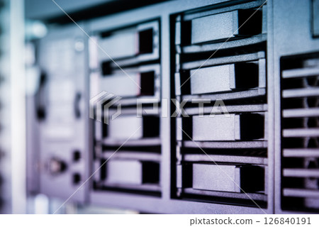 cluster of data storage SSD hard drives inside server rack cluster of data storage SSD hard drives inside server rack 126840191