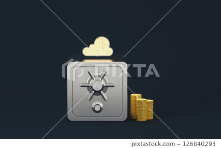 Gold coins and safe box with dark background, 3d 126840293