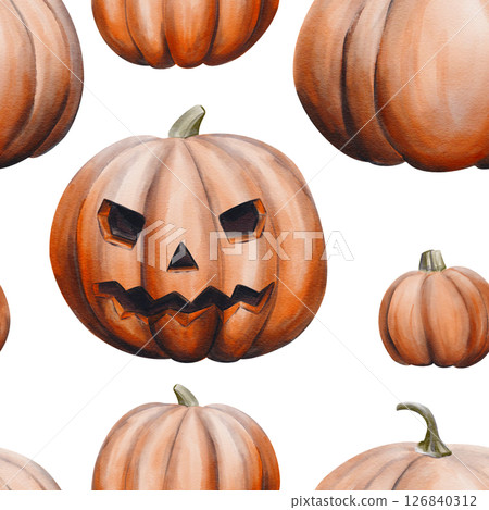 Seamless pattern with pumpkins. Jack's head. Halloween pattern. Autumn harvest. Watercolor illustration isolated from the background. Hand drawing. For fabric, textile and wallpaper.  126840312