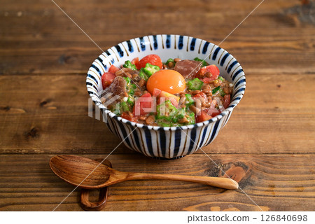 Natto, okra, tomato and sticky rice bowl 126840698