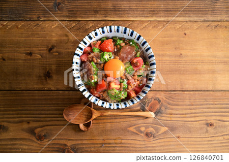 Natto, okra, tomato and sticky rice bowl Natto, okra, tomato and sticky rice bowl 126840701