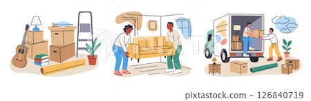 Vector illustration set of moving to new home scenes. Flat cartoon people carrying furniture, loading boxes into truck, relocation process, housing concept, real estate, transportation Vector illustration set of moving to new home scenes. Flat cartoon people carrying furniture, loading boxes into truck, relocation process, housing concept, real estate, transportation 126840719