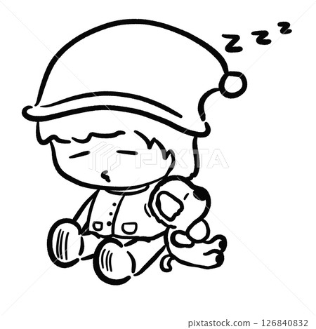 Cute boy sitting sleeping with puppy outline illustration 126840832