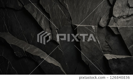 Dark cracked granite wall background. black stone wall 126840836
