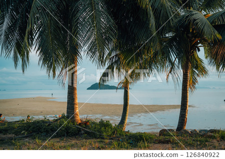 Palm Trees on White Sandy Beach with Island View in Azure Sea 126840922