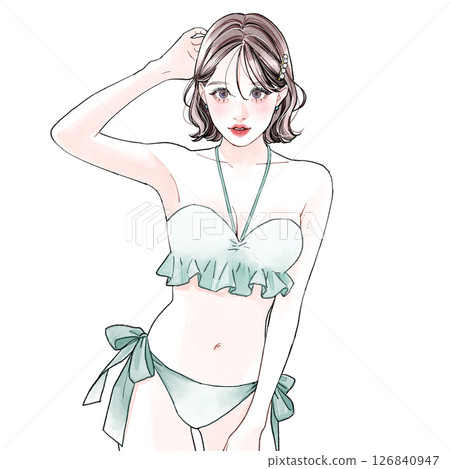 一位穿著泳衣的女士舉起右臂 一位穿著泳衣的女士舉起右臂 126840947