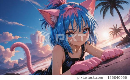 Smiling Anime Cat Girl Lounging by Tropical Beach 126840966