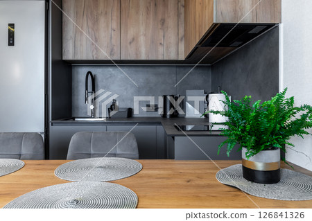 Contemporary Kitchen with Matte Cabinets and Wooden Accents Contemporary Kitchen with Matte Cabinets and Wooden Accents 126841326