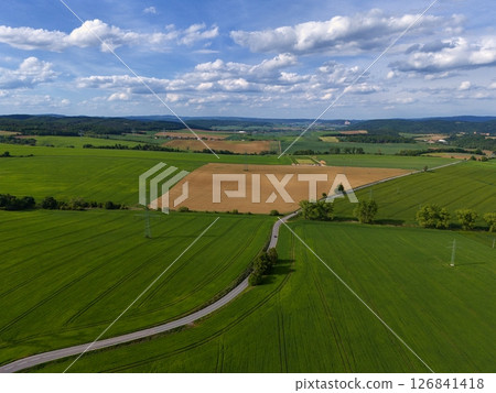 Road with cars between green fields from above - view of nature from a drone. Beautiful landscape concept suitable for transportation, agriculture and environment. 126841418