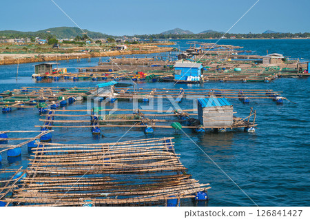 Shrimp and fish farming farm with fishing cages and nets on the water in the sea bay in Vietnam in Asia 126841427